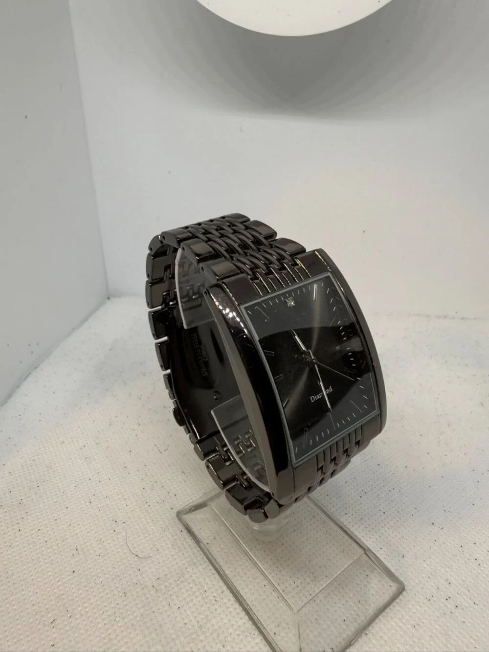 Diamond Brand Mens Black Tonneau Case Watch Linked Metal Band Quartz